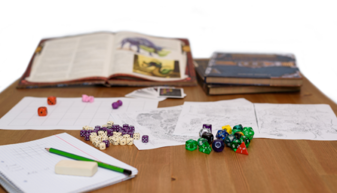 books, character sheets, and dice