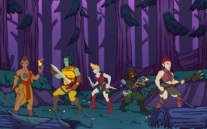 a scene of five characters ready to fight