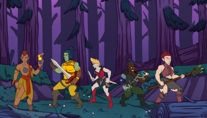 a scene of five characters ready to fight