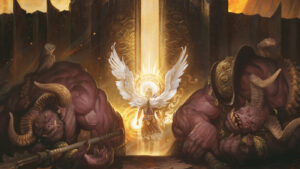The image shows an angel with its bright wings wide open opening a giant gate. Radiant light pours out from it and one demon kneels defeated on each of the sides of the gate