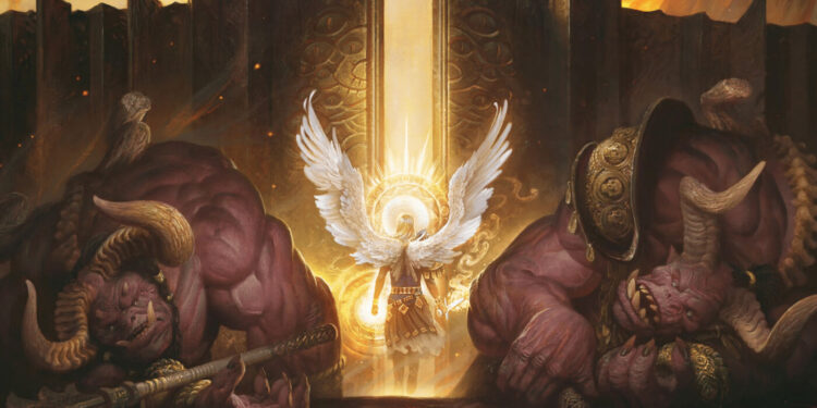 The image shows an angel with its bright wings wide open opening a giant gate. Radiant light pours out from it and one demon kneels defeated on each of the sides of the gate