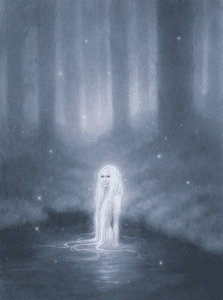 A white-skinned, white-haired, black-eyed water spirit in a woodland pool