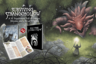 Surviving Strangehollow - shows a standard and limited-edition cover, as well as a two-page spread and a mage facing off against a monster