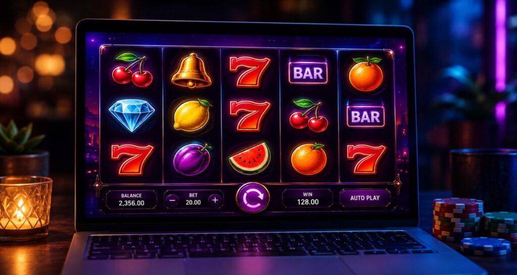 Laptop displaying a colorful online slot game with reels, chips, and ambient neon lighting