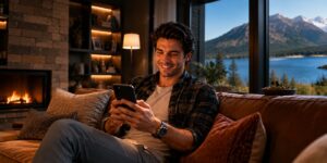 Man using phone with slot visuals