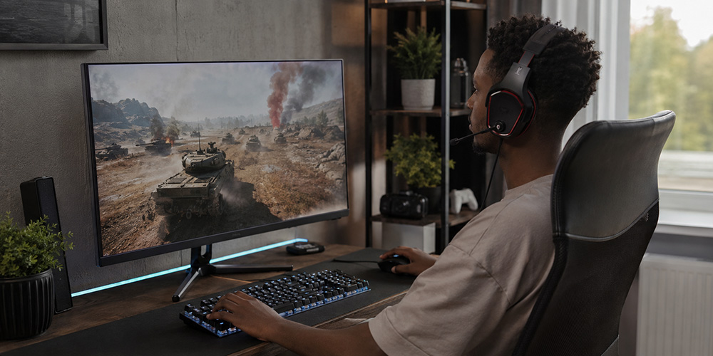 Man playing a tank battle game on a computer
